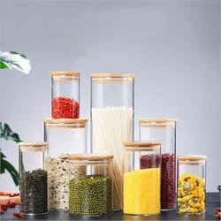 Bocal en verre HI avec couvercle en bambou, stockage des aliments, boîte d'assaisonnement à thé scellée, bouteille, récipient de cuisine pour grains de café, sucre, sel