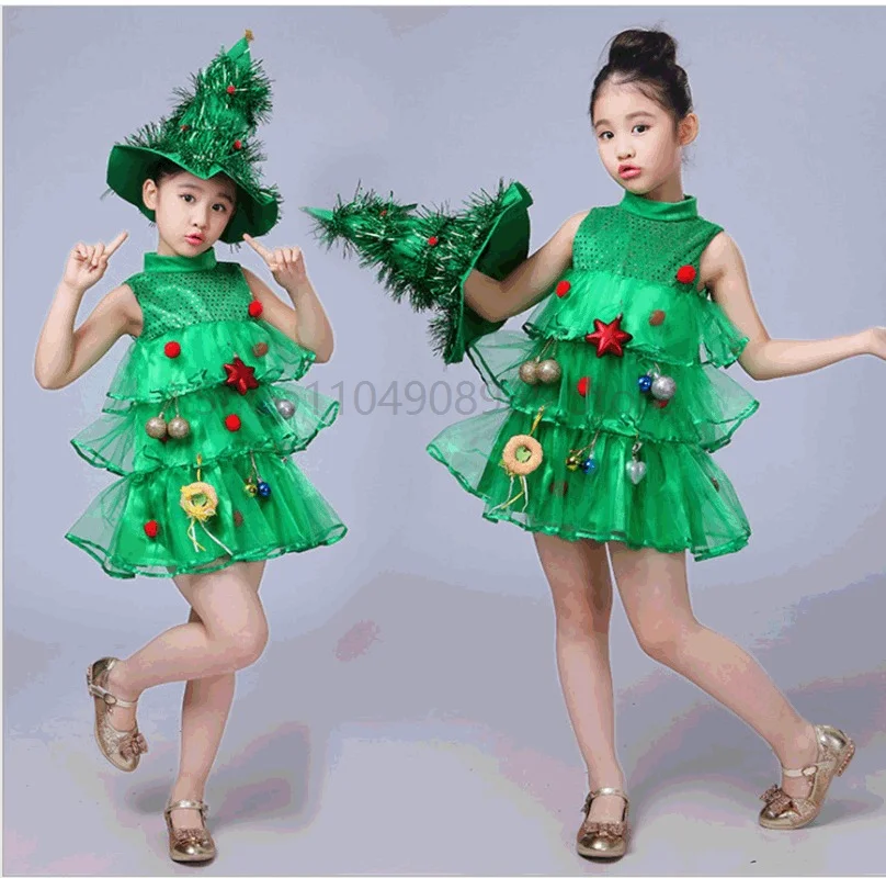 

Girls Children Green Christmas Tree Costume Outfit Cosplay Props Hat Elf Fancy Xmas Party Dresses Economic