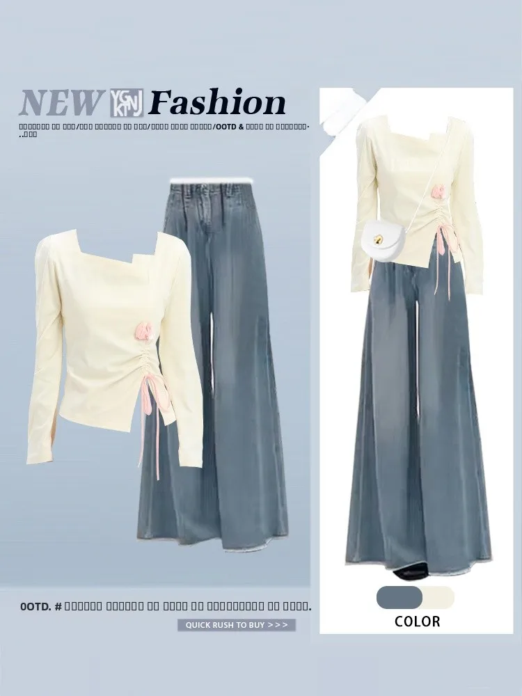 

Облегающий топ с завязками и джинсы с высокой талией, модный комплект из двух предметов больших размеров, осеннее новое поступление, женская повседневная одежда