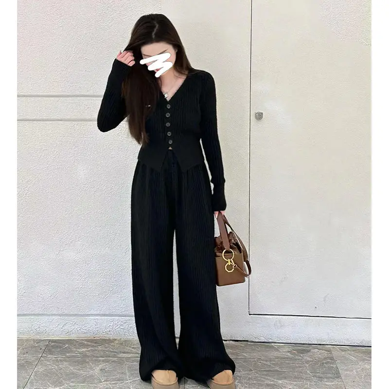 Stylish Temperament Set for Autumn and Winter New Knitted Cardigan High Waisted Straight Leg Pants Scarf Casual Three Piece Set