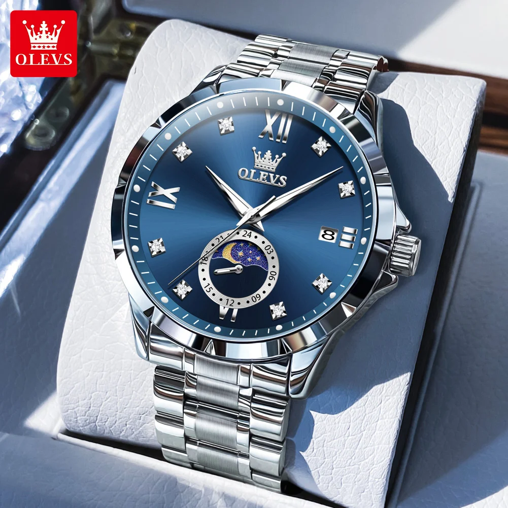 

OLEVS Men's Watch Luxury Stainless Steel Quartz Watch Moon Phase Diamond Markers Waterproof Wristwatch For Business Casual 2956
