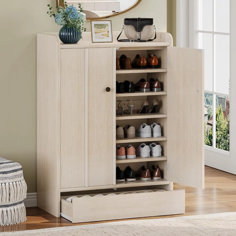 Freestanding 47" Tall 6-Tier Large Shoe Storage Cabinet & Drawer Doors Adjustable Shelves, Custom