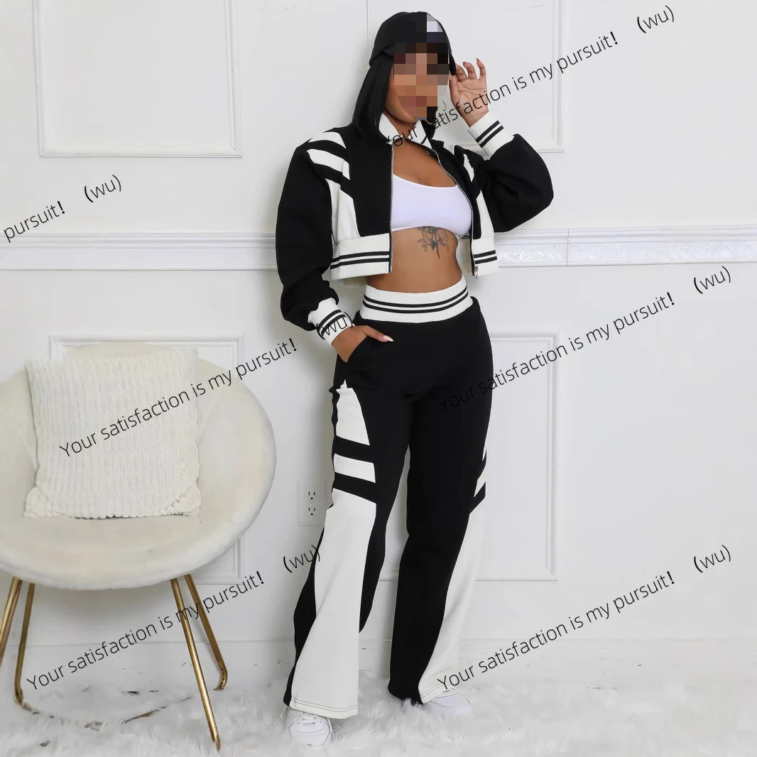 ZOCI-Setelan dua potong atasan turtleneck dengan ritsleting untuk wanita, koleksi musim gugur dan musim dingin, setelan celana dengan warna kombinasi untuk wanita.