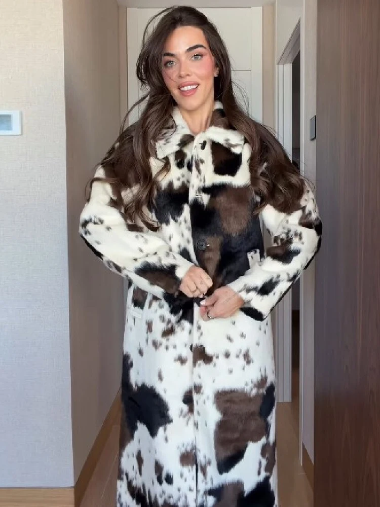 Retro Lapel Cow Print Long Faux Fur Coat Women Single Button Straight Fit Animal Pattern Maxi Coats Winter Warm Street Outercoat