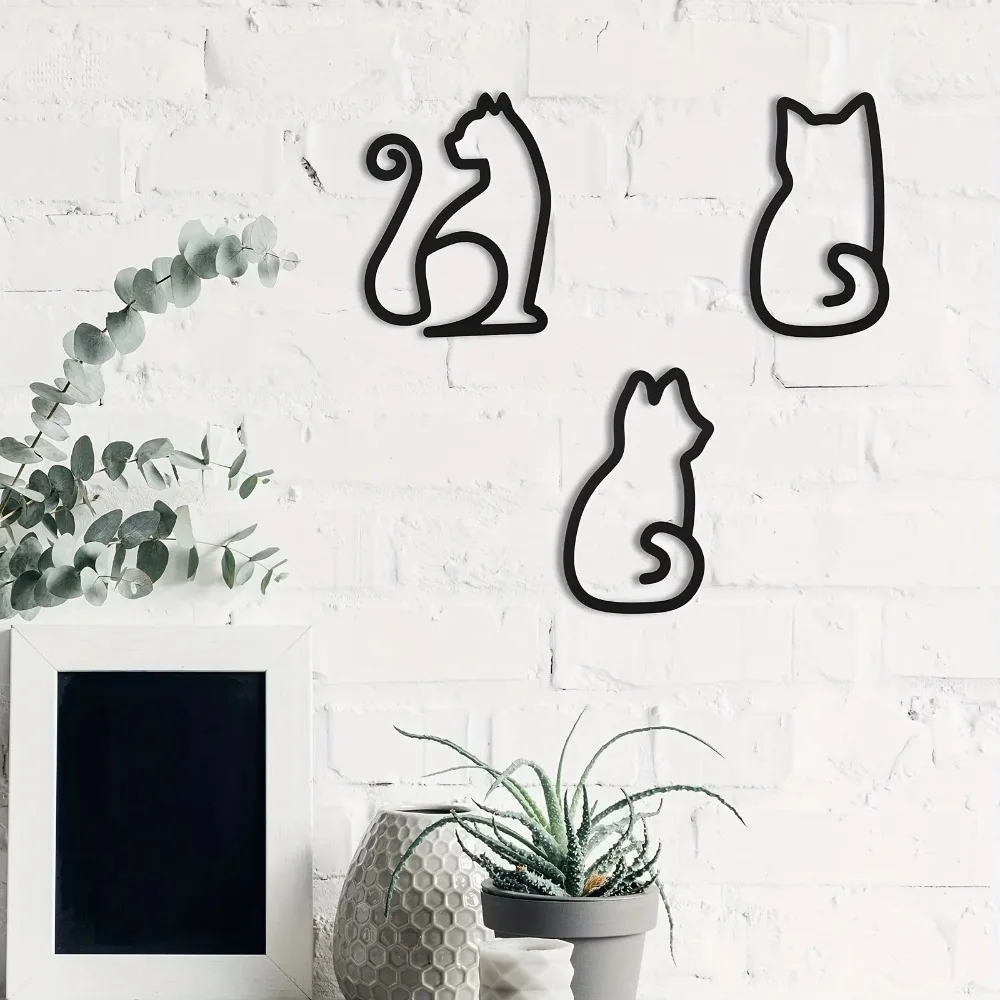 Juego de 3 piezas de arte de pared de metal con silueta de gato, decoración de pared minimalista con animales para el hogar, dormitorio, sala de estar