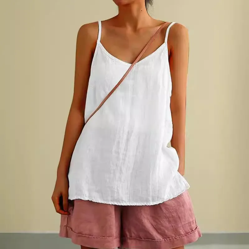 Women Sweet Loose Fit Backless Cotton Linen Tank Top Solid Color Short Length Casual Non-removable Strap Woman Clothing Women's