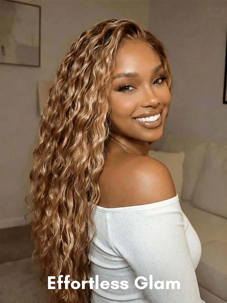 Highlight Curly 4/27 Wig 13x4 Lace Front Wig Human Hair Wigs Deep Wave Honey Blonde #427Colored Transparent Lace Ombre Lace Frontal Wig 250% Density 24 Inch  PrePlucked Wet Wavy for Black Women