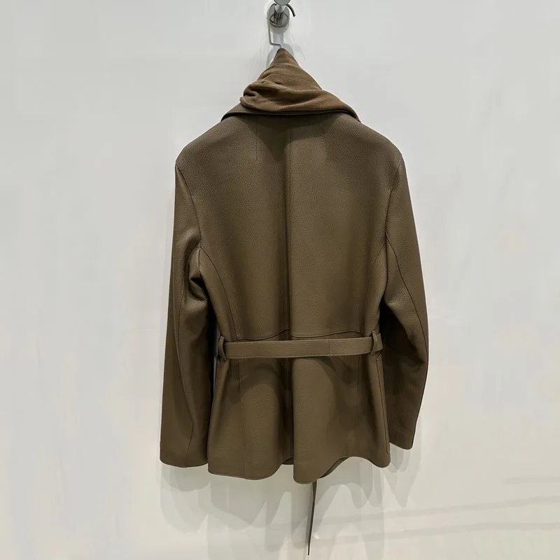 Luxurious scarf suit style women coat spring and autumn 2025 new fashion genuine leather jacket with belt