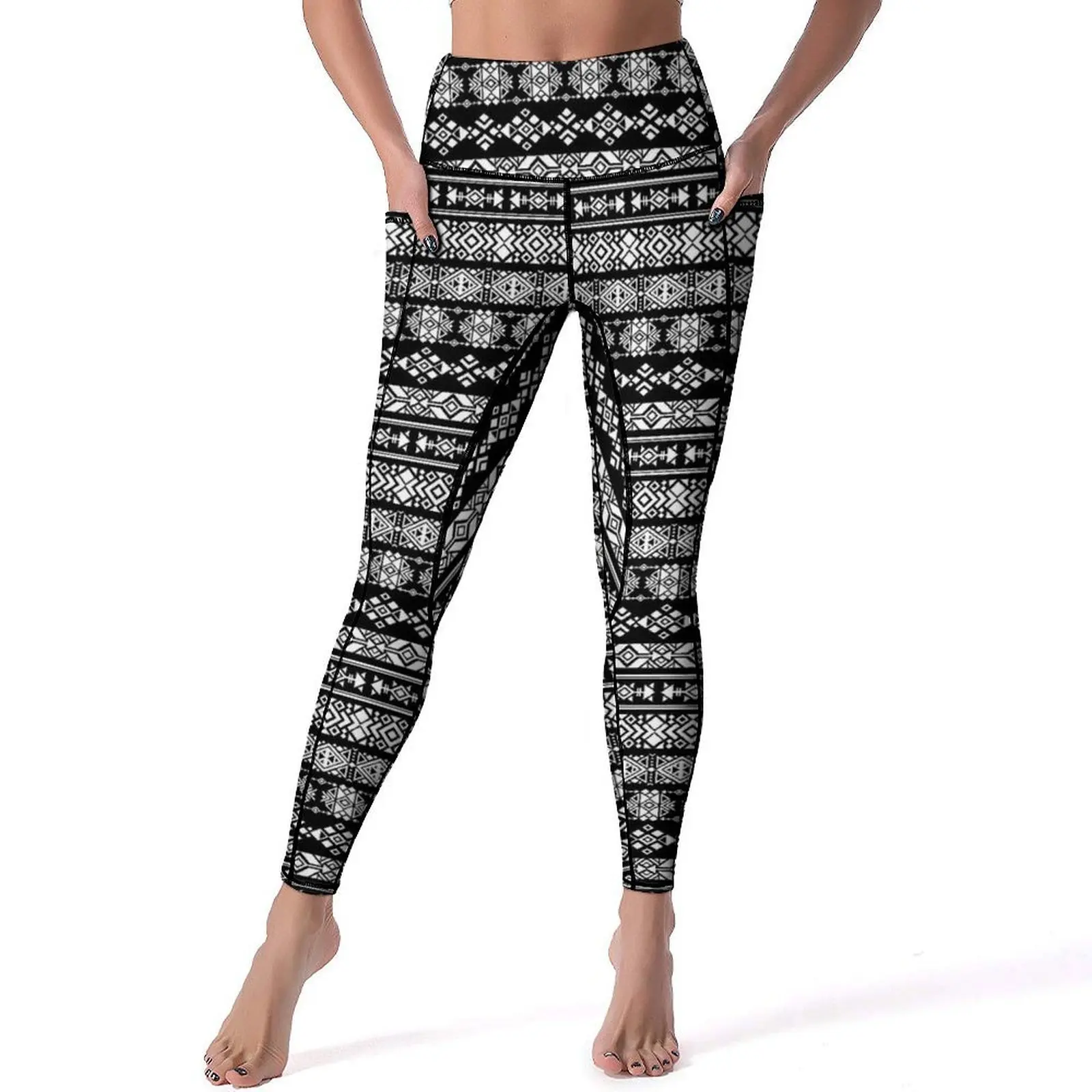 Calças tribais étnicas Yoga, Leggings preto e branco, cintura alta, novidade, design elástico, treino, esporte, sexy