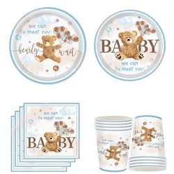 Babyshower Bear Disposable Tableware Cartoon Brown Bear Paper Plates Napkin Cups Happy Kids 1st Birthday Party Decor Babyshower