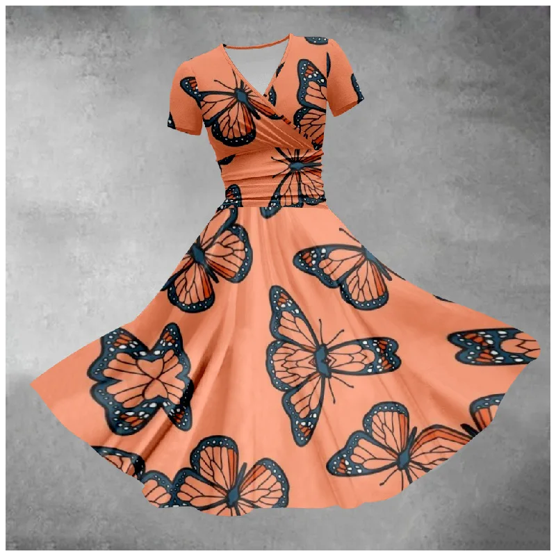 

Hip Hop Trendy Comfortable Busty Women Dresses butterfly 3D Printed Sundress Short Sleeve Slim V-neck Long Dress Party Dress