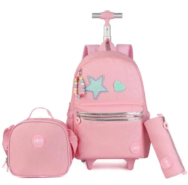 School Trolley Bags with Lunch Box For Girls Trolley School Wheeled Backpack Bag Set for girls student School Rolling Backpack