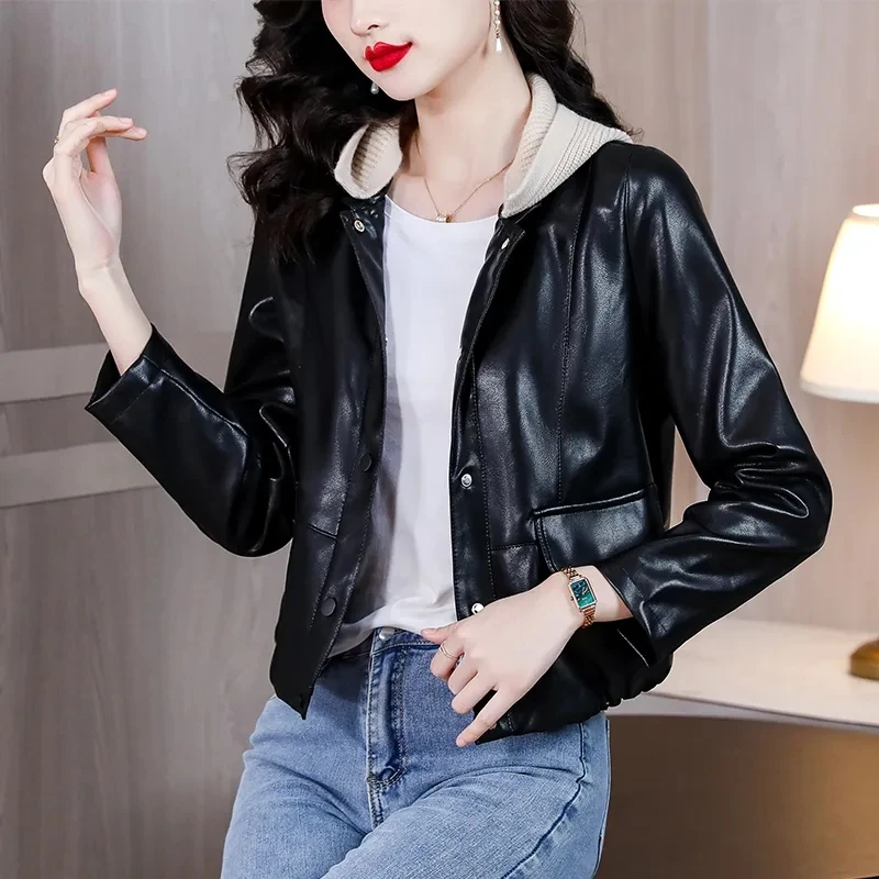 Fashionable Hooded PU Leather Jacket Women's Short Leather Coat 2023 Autumn New Korean Trend Motorcycle Wear Leather Overcoat