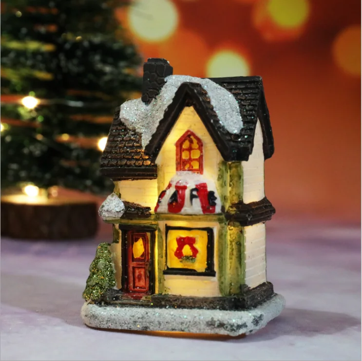 2025 New Christmas Decorations Resin House Micro Landscape LED Light Xmas Village Small Ornament Christmas Figurines Party Gifts