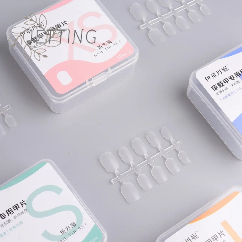 핫 100개/박스 투명 프레스온 네일 커버리지 짧은 물방울 모양 풀 스티커 네일 팁