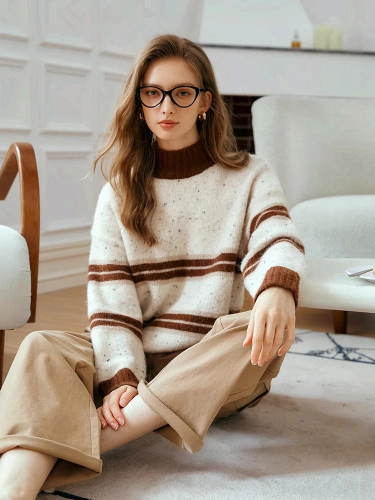 

OLrain Casual Striped Pullover Women's Autumn 2025 New Turtleneck Retro Tops Commute Long Sleeve Sweater Female E56QM93361