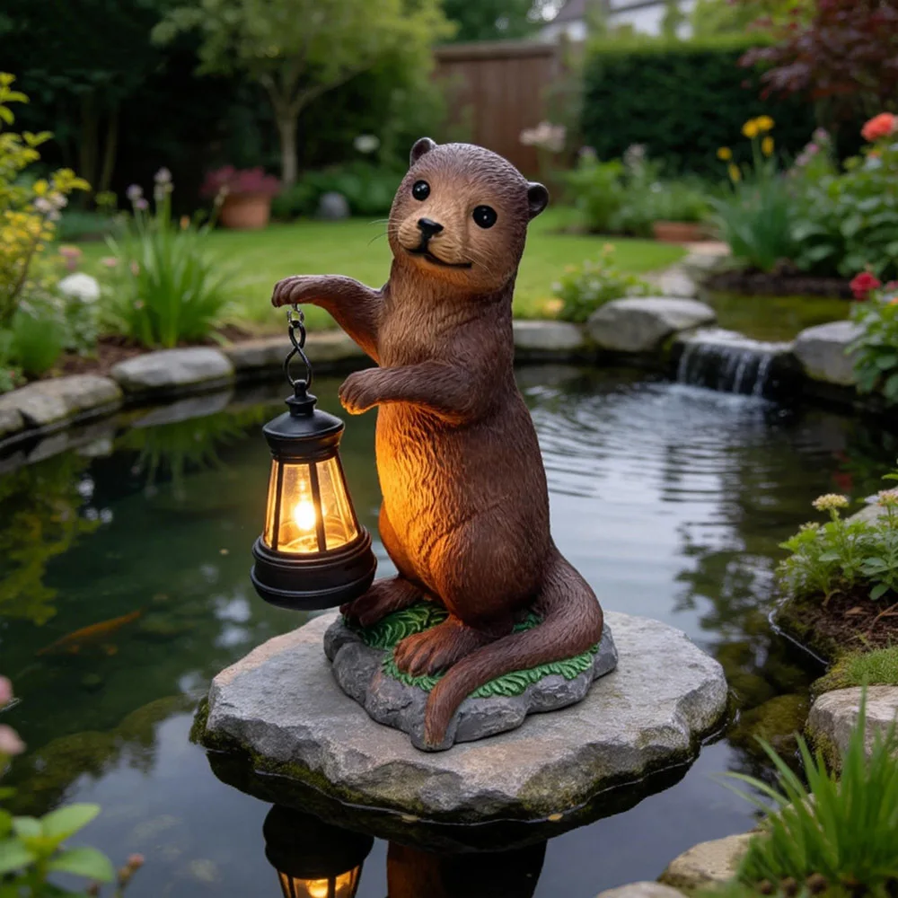 Otter Statue with Solar Lantern, Resin Garden Ornament, Cute Otter Figurine with LED Light, Outdoor Patio Decor