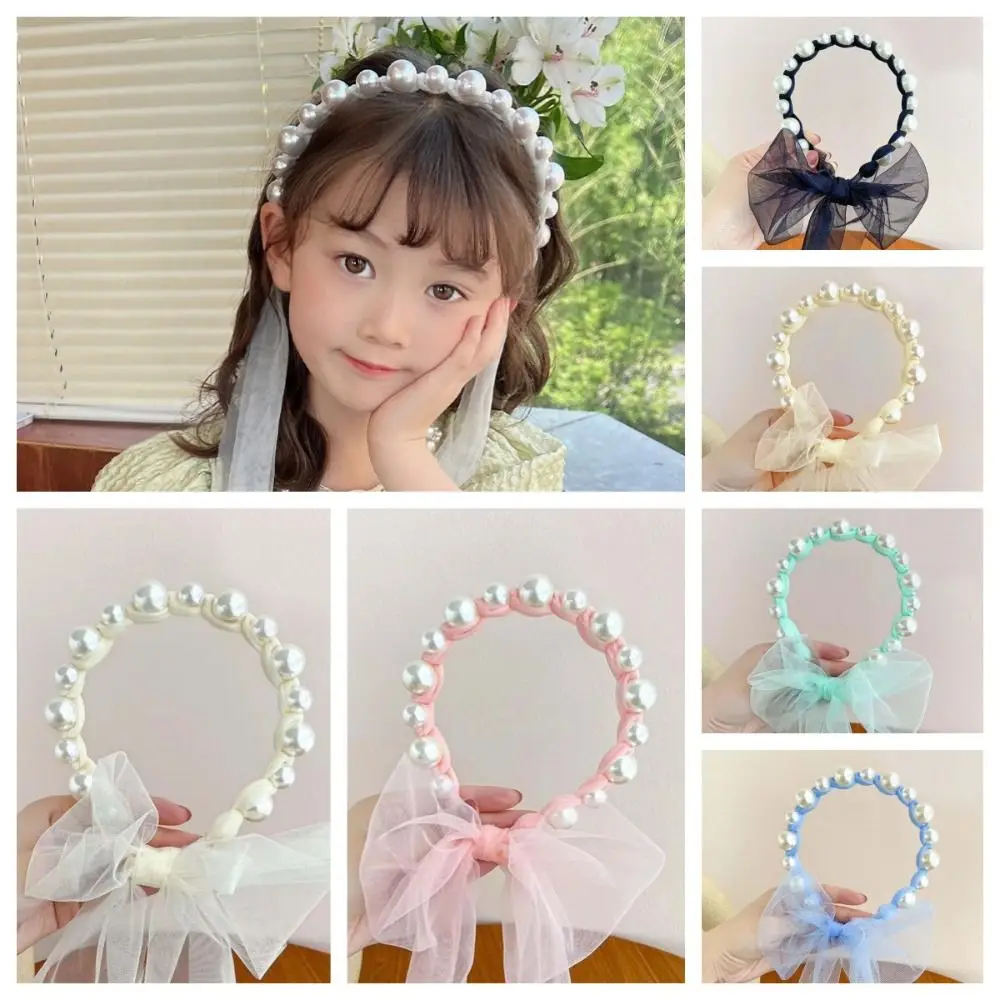 Sweet Korean Style Pearl Ribbon Hairband 3D Hair Wear Princess Hair Hoop Head Wear Hair Clip Children Wreath Headband Decoration