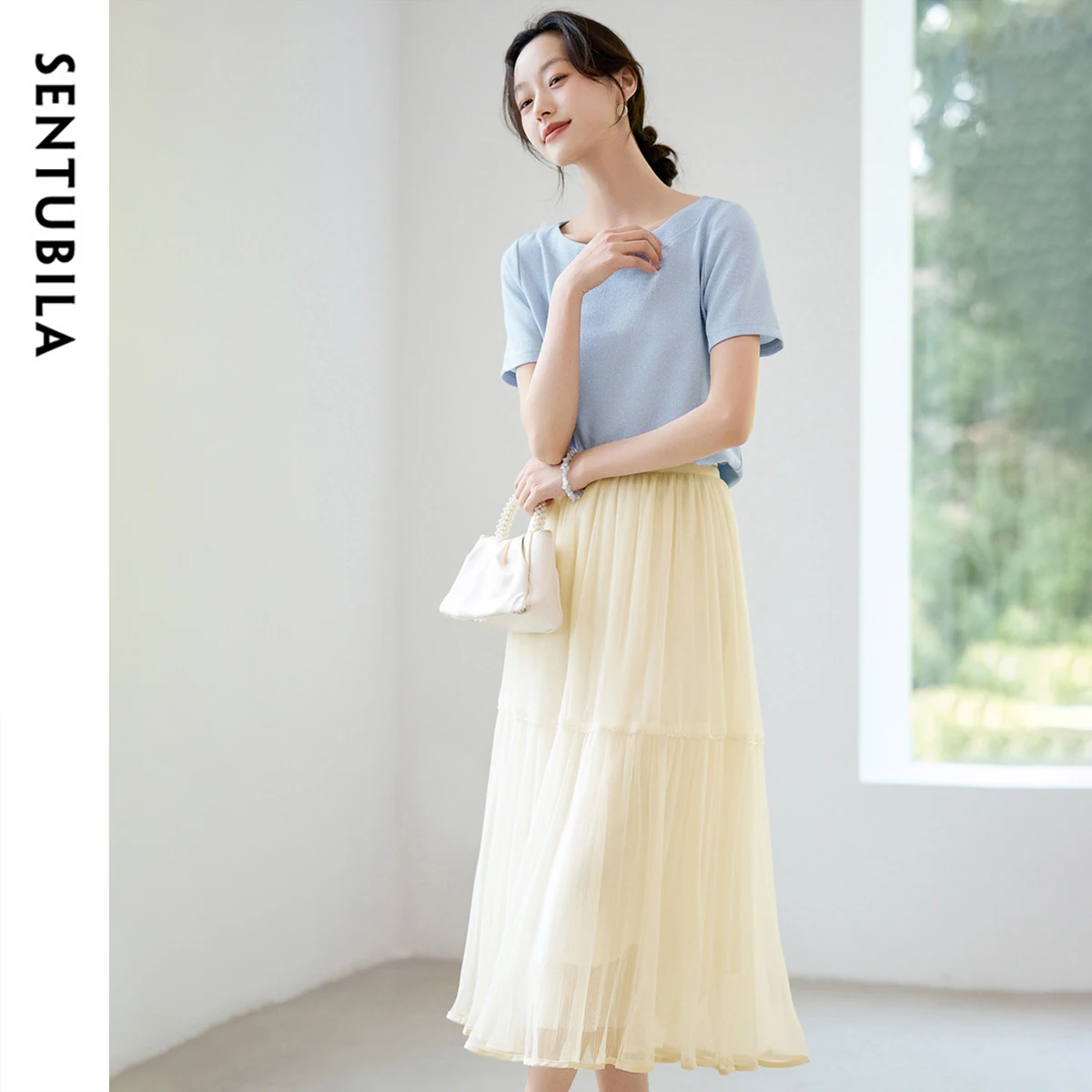 

SENTUBILA Women's Pleated Skirt 2025 Summer High Waist Gauze Thin A-Line Layered Skirt Vacation Style Loose Elegance W52QG1937