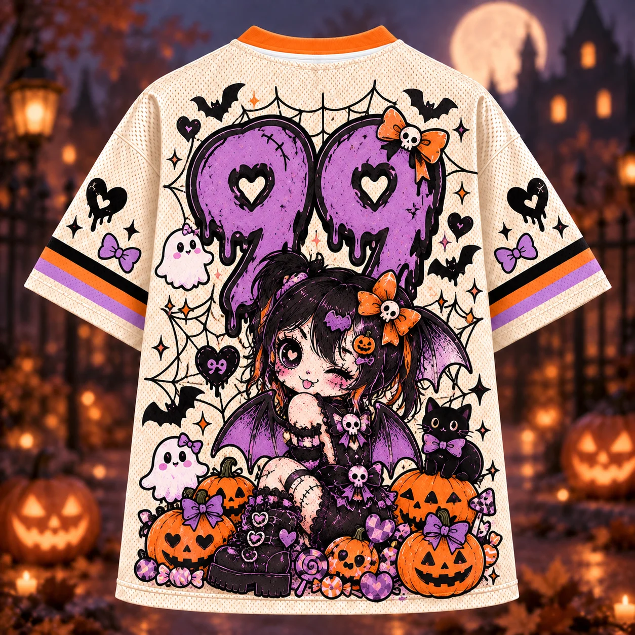 Spooky Girl 99 Halloween Oversized Mesh Jersey, Pastel Goth Bat Girl Ghost Pumpkin Candy Spider Web V‑Neck Short Sleeve Streetwe