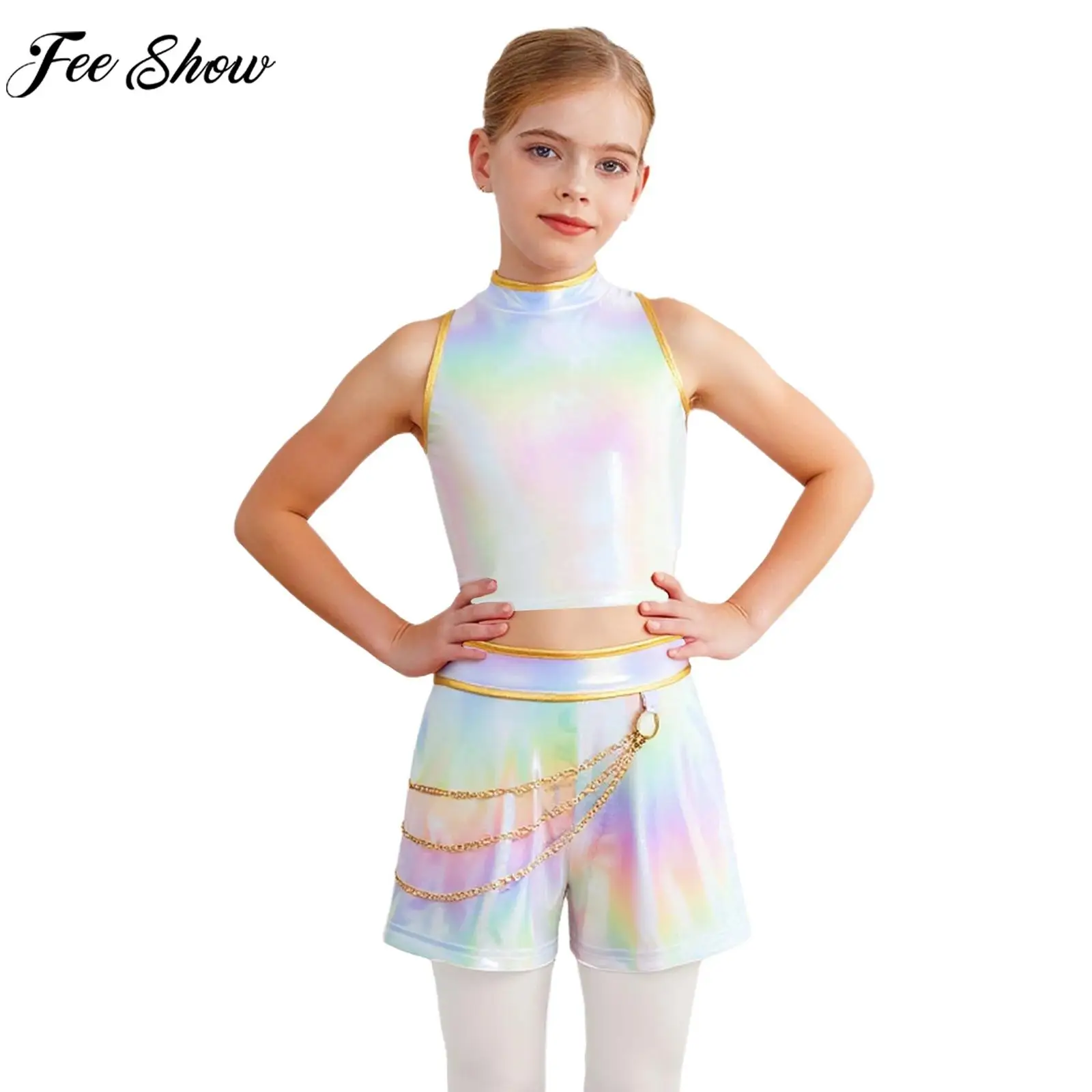 Girls Halloween Demon Hunter Pop-singer Cosplay Performance Costume Jazz Dance Outfit Metallic Gloss Tank Top with Shorts