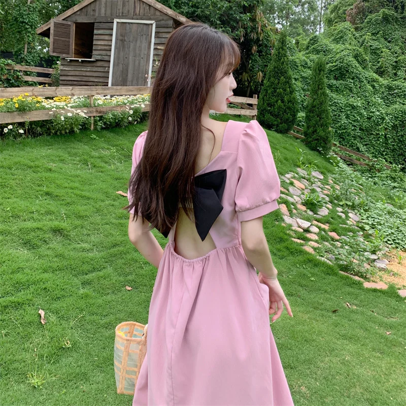 

Backness Bow Pink Dresses Women 2022 Summer Square Collar Puff Short Slevve A Line Pleated Dresses Female Clothing Robe Vestido