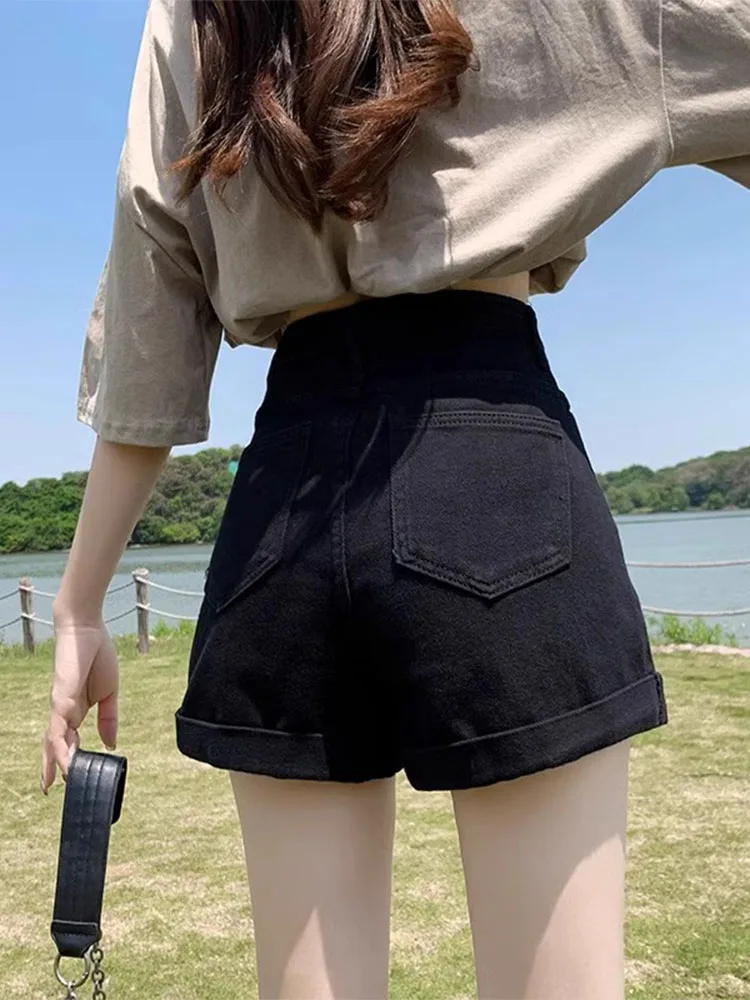 

High Waist A-Line Denim Shorts plus Size Black Wide Leg Hot Pants Women's Spring New Style Casual Washed Jeans Shorts