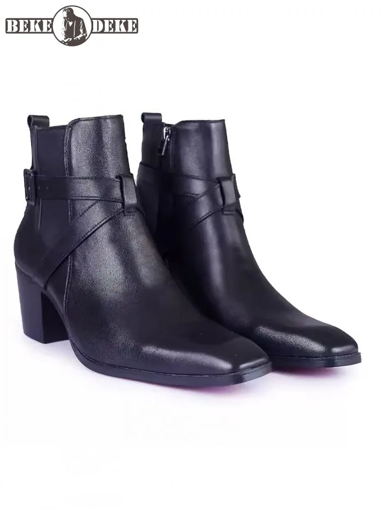 British Style Cowskin Genuine Leather Chelsea Boots Men Fashion Zipper Design Black High Heel Square Toe High Top Shoes Male