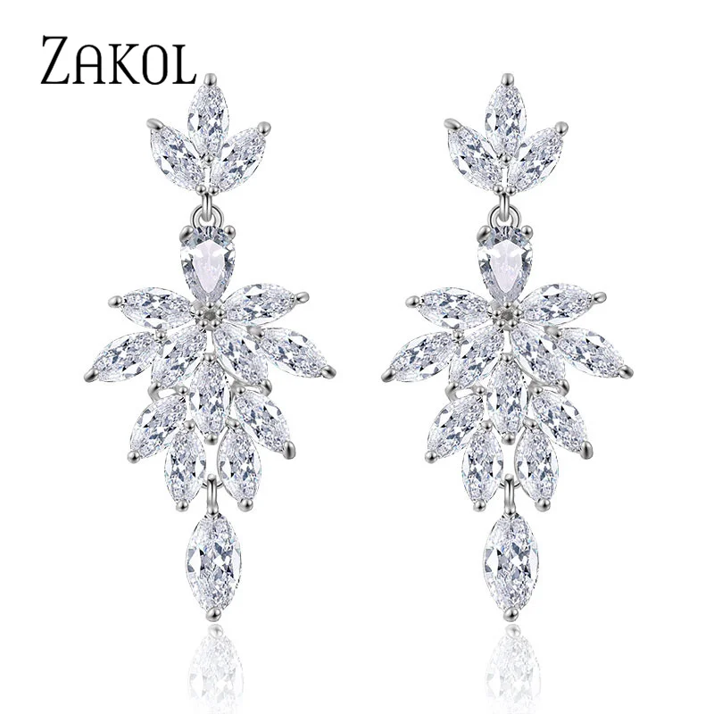 ZAKOL Korea Marquise Zircon Leaf Dangle Earrings for Women Fashion Bridal Wedding Party Jewelry Drop Shipping EP2168