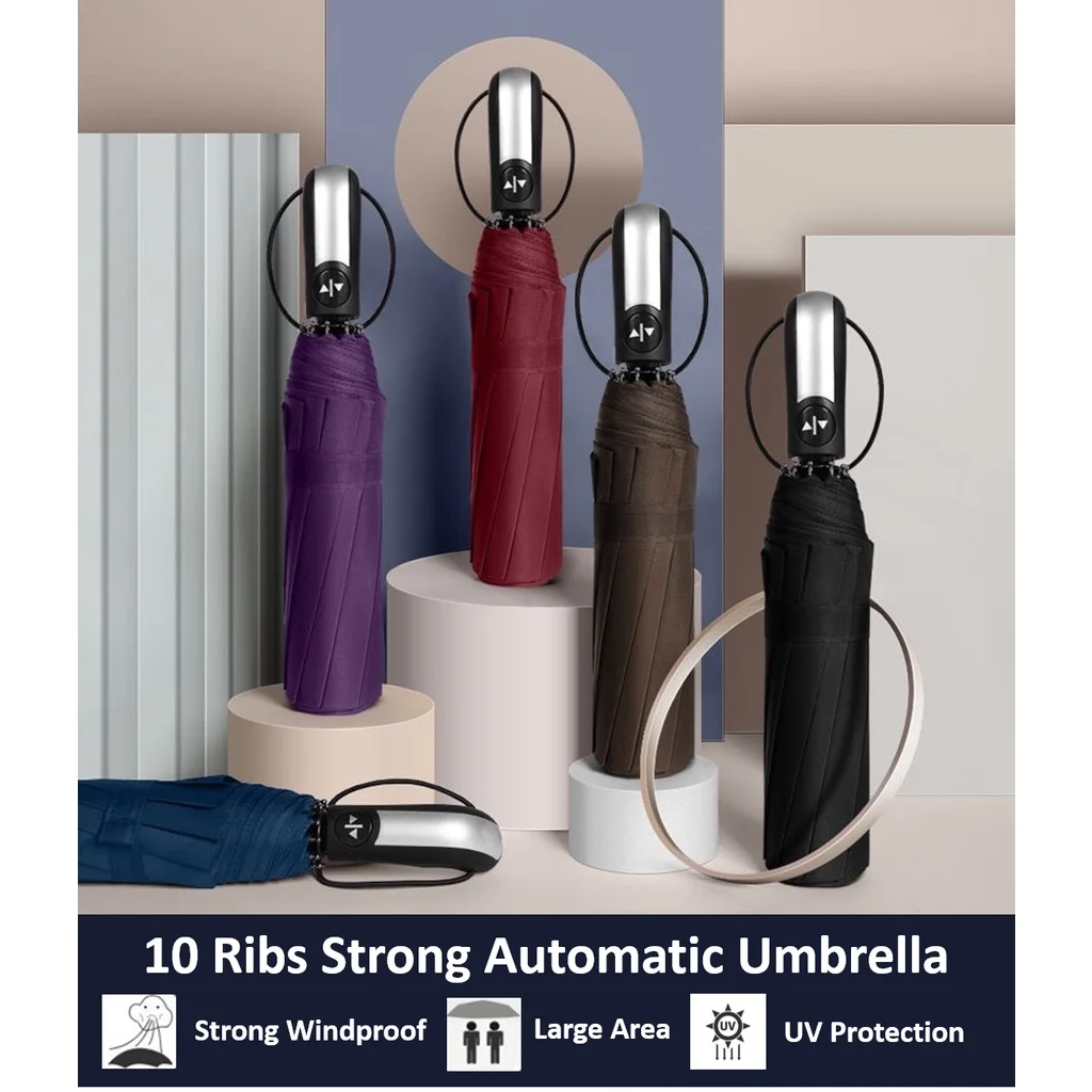 Automatic Folding Vinyl Umbrella, Ten-Bone Umbrella Is Strong, Windproof and Rainproof, Large Umbrella for Business Use