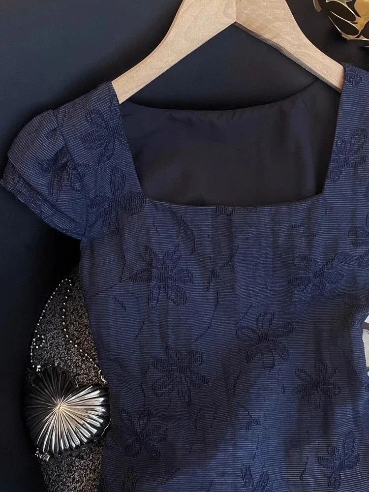 Retro Floral Short Sleeve Shirt Women's Slim Fit Square Collar Summer Top with Belt Back Hollow out Design Citywalk T-shirt
