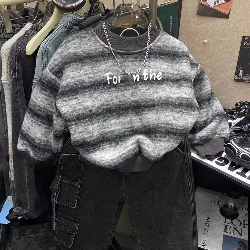 Boys Striped Hoodie Thicken Warm Winter Sweatshirt Long Sleeve Top for Kids