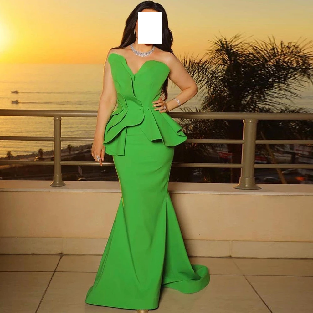 

Saudi Evening Gowns Floor Length Pleats Sleeveless Jersey Sweep Train Pleats Solid Green Dresses For Formal Occasions Simple