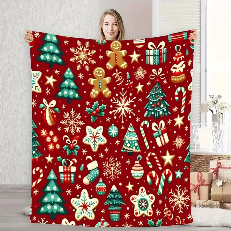 Red White Striped Christmas Gnome Flannel Throw Blanket Snowflake Border Vintage Winter Elf Print Soft Cozy Blanket