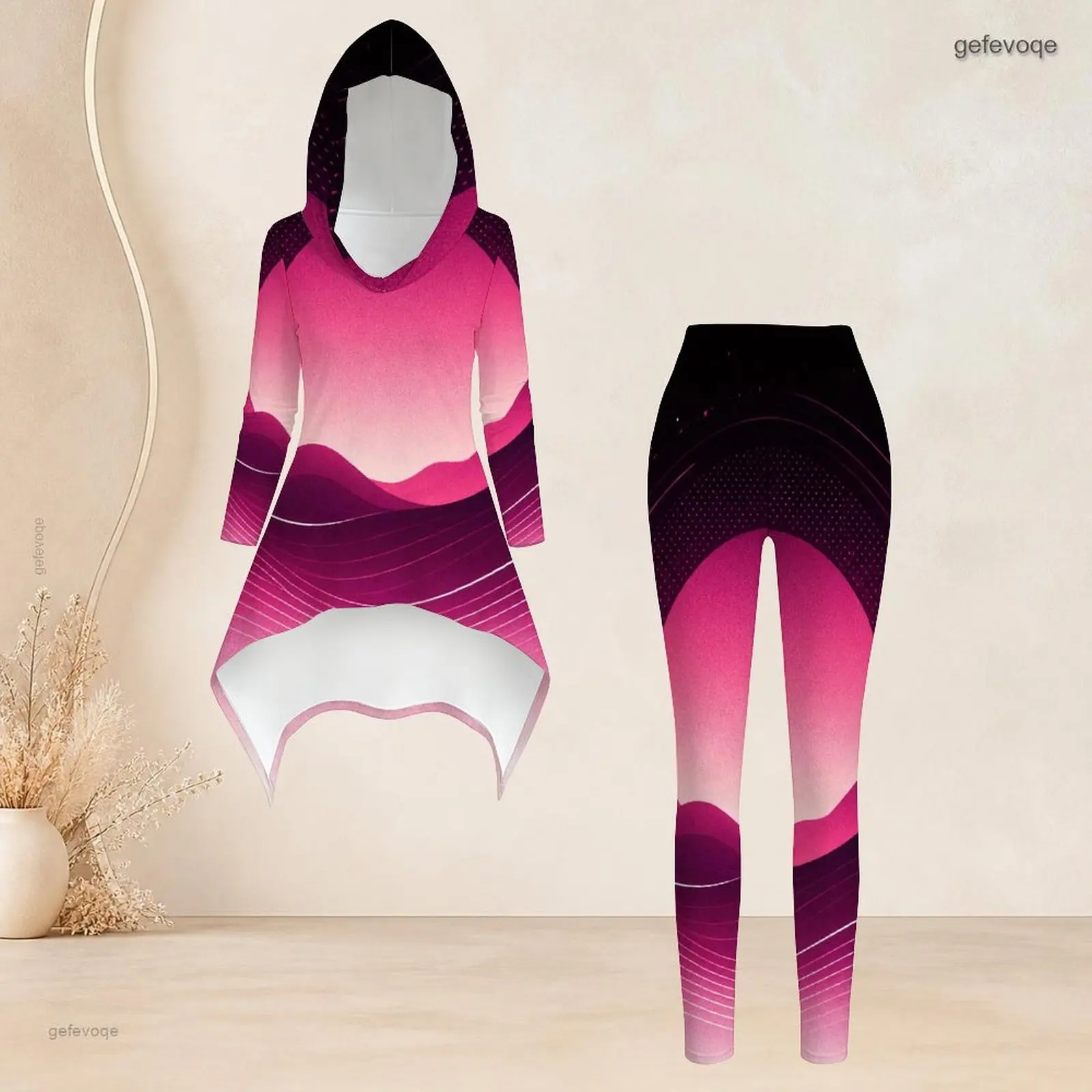 Women Gradient Red Gold Wavy Line Printed Hooded Long Sleeve Asymmetric Top and Fitted Leggings Two Piece Set