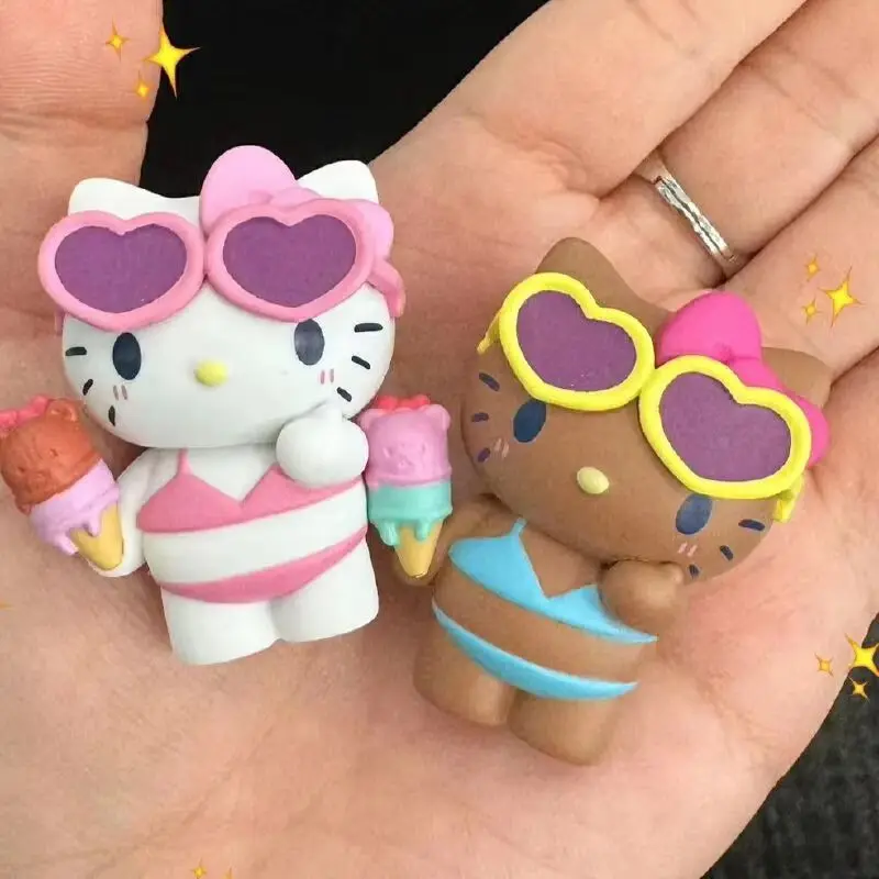 

Action Figures Model Summer Swimsuit Blind Box Collection Kt Cat White Kuromi Cinnamon Gashapon Official Genuine Collectible