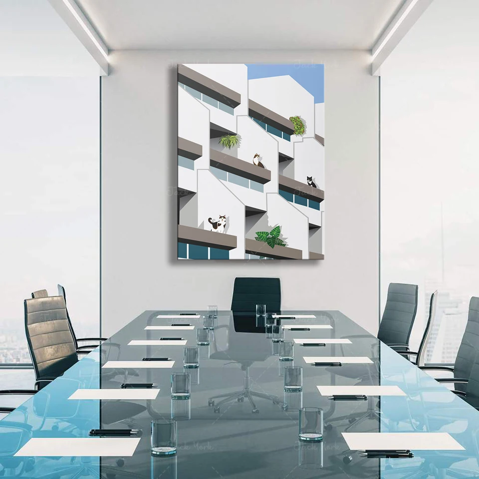 Cats on Whittington Estate Modernist Architecture Digital Illustration Poster Print Artwork for Home Decor