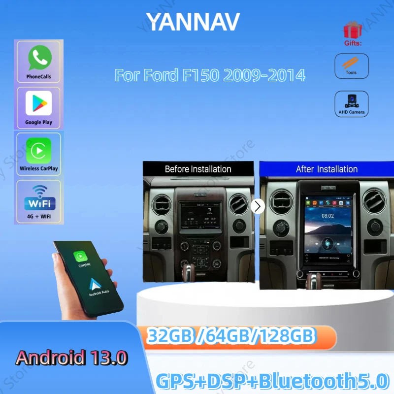 

12.1" Android13 Vertical Screen Car Multimedia Radio For Ford F150 2009-2014 Manual/AUTO AC Carplay 1 Din GPS Navigation Stereo