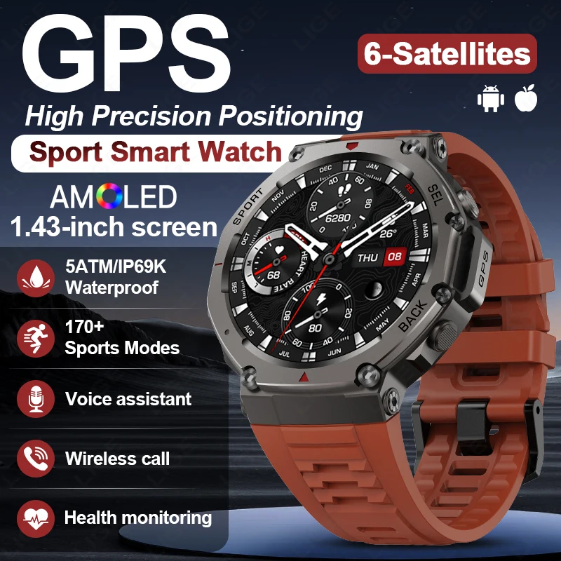 LIGE New T-Rex 3 GPS Smart Watch 5ATM Waterproof Built-in Dual-band Compass Barometric Altimeter Bluetooth Call  Smartwatch Men