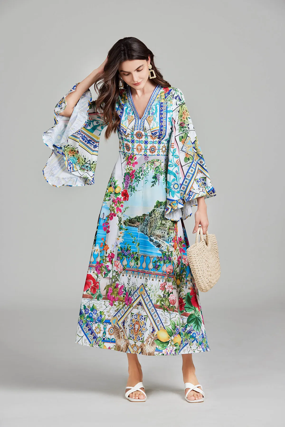 New Autumn Runway Gorgeous Flower Holiday Maxi Clothes Women\'s V Neck Flare Sleeve High Waist Flower Print Boho Long Dress