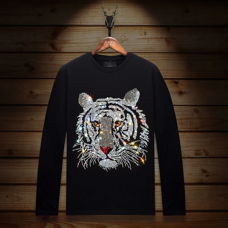 2024 Tiger Head Rhinestones T Shirts Men Fashion Streetwear O Neck Long Sleeve Slim Modal Cotton Casual T-shirts Plus Size 6XL