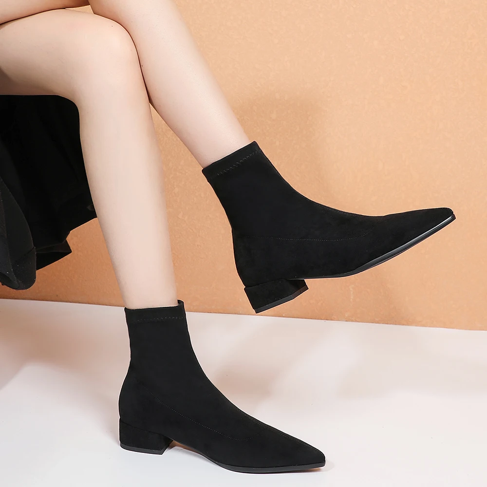 Woman Sock Ankle Boots 2023 Spring Autumn Pointed Toe Low Heel Elastic Flock Black Comfortable Booties Lady Shoes Big Size 42 43