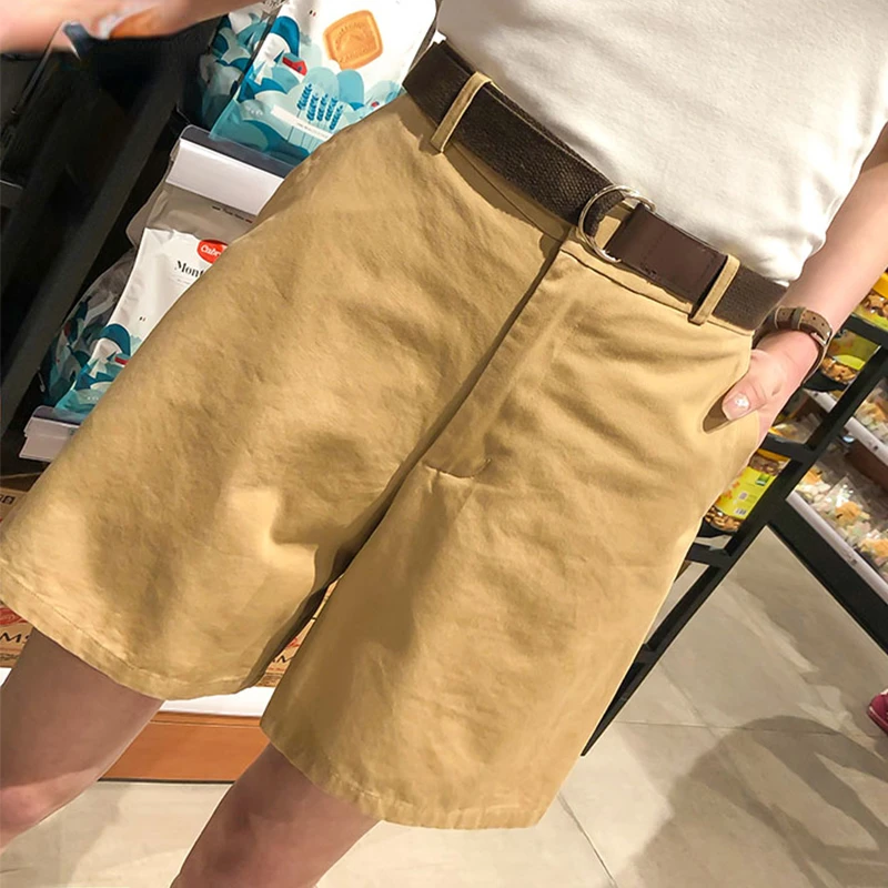 Pantalones cortos de pierna ancha para mujer, Shorts informales de moda coreana, de verano, holgados, con cinturón, verde y blanco, de cintura alta, S-XXL