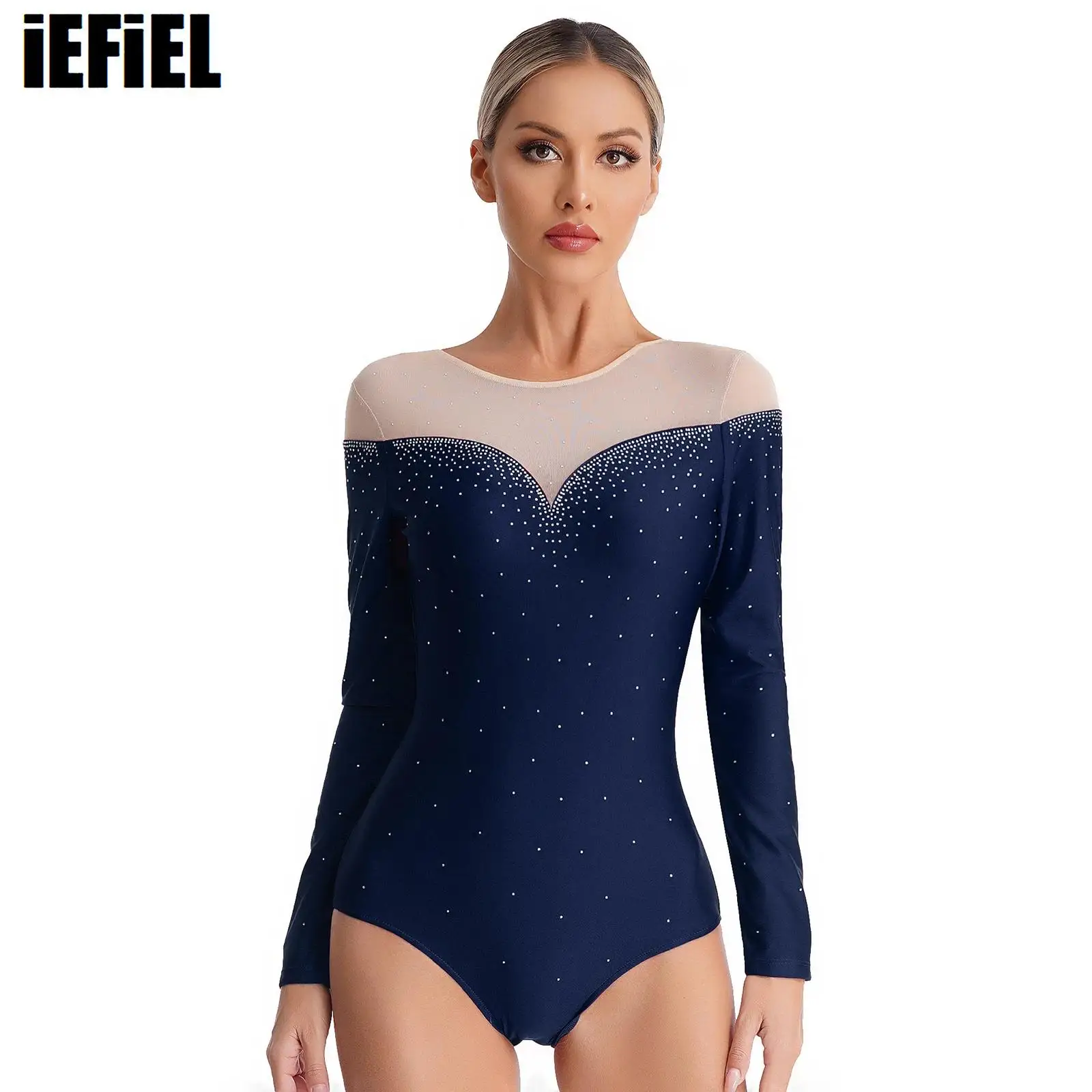 

Womens Sheer Mesh Dance Leotard Sparkling Rhinestone Long Sleeve Figure Skating Gymnastics Performance Patchwork Bodysuit