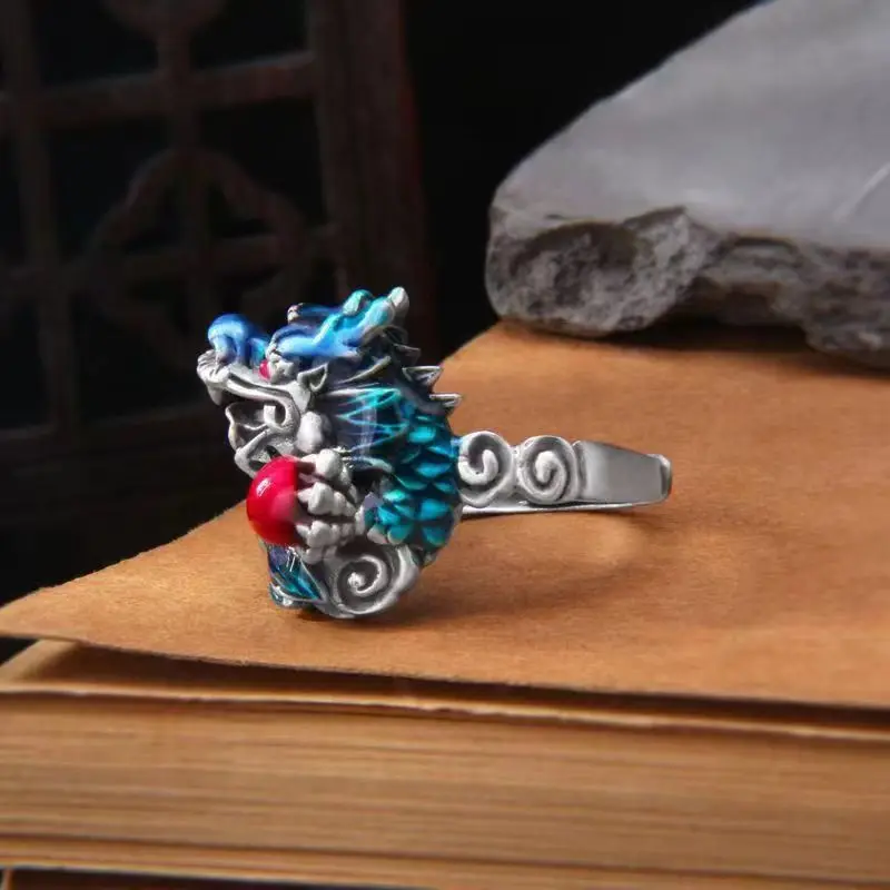 SR cincin pasangan modis personalisasi gaya nasional antik cincin Phoenix Naga Enamel perak Thailand S925 Musim Panas 2023