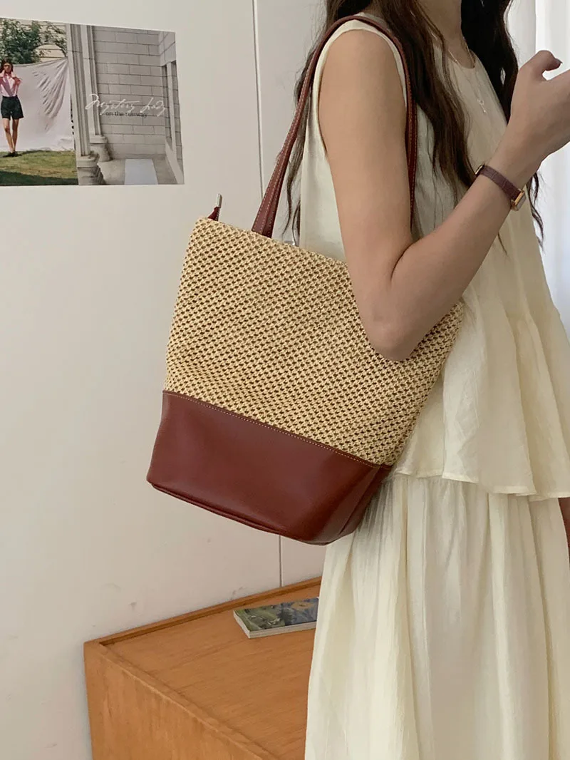 CGCBAG Vintage Hollow Straw Woven Beach Shoulder Bag Casual Lage Capacity Women Tote Bag Simple Female Designer Handbags