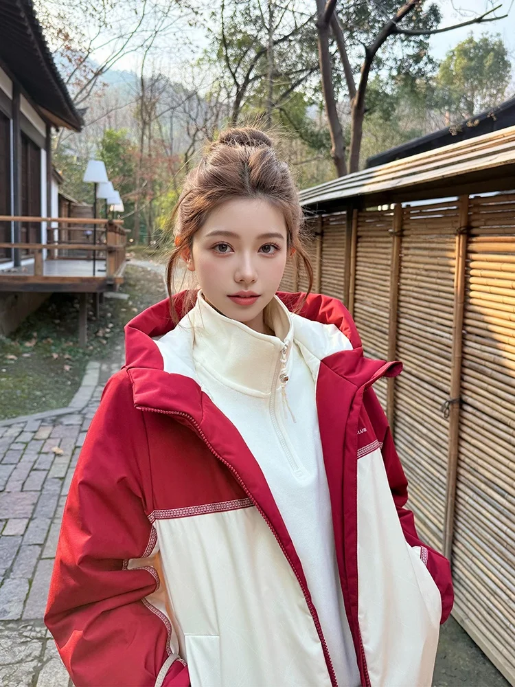 

Куртка Fuyan для женщин, красно-белая, ветрозащитная, 3-в-1, для активного отдыха, свободного кроя, с длинными рукавами, на молнии, с капюшоном