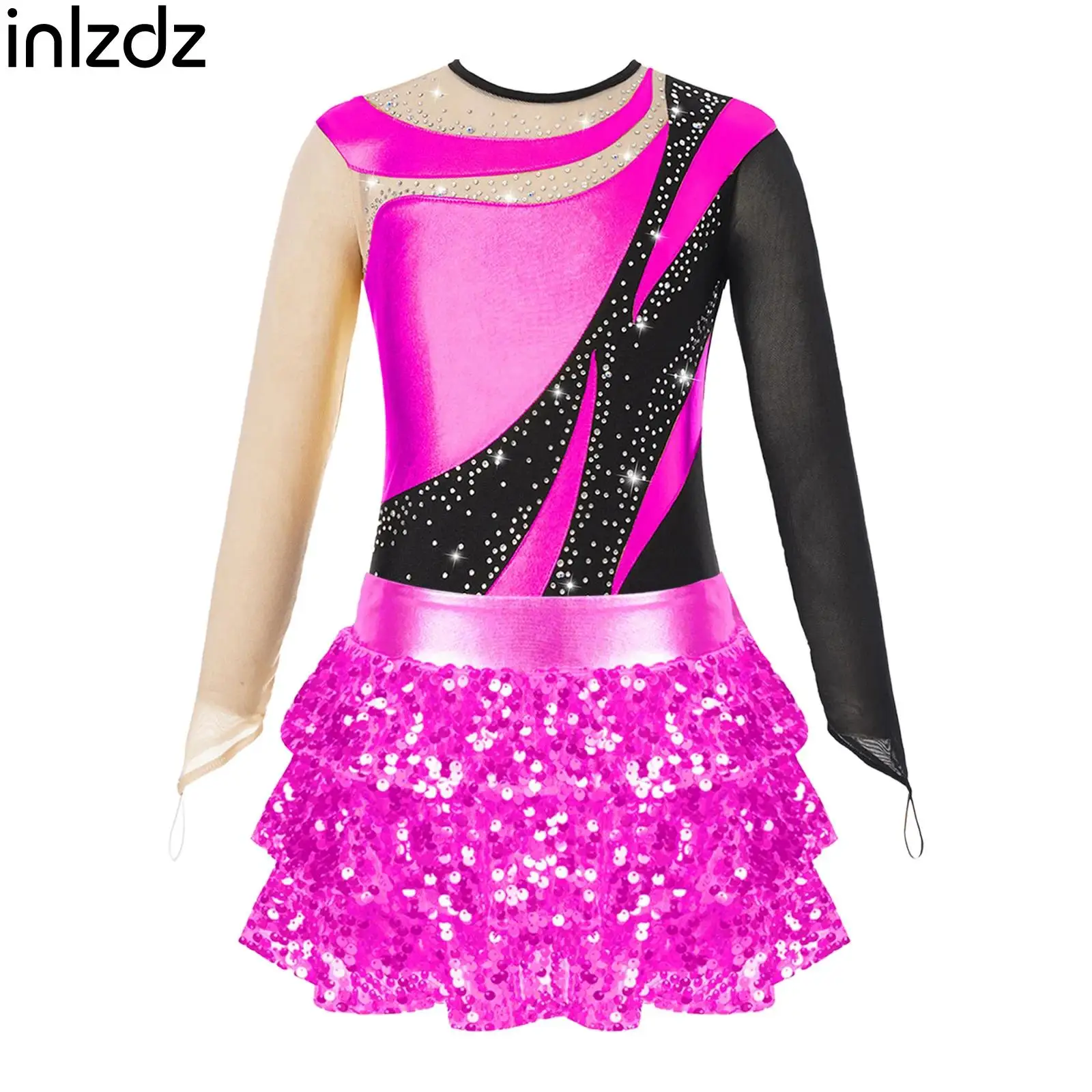 

Kids Ballet Gymnastics Outfits Girls Figure Skating Performance Dancewear Long Sleeve Leotard+Sequins Skirted Shorts 2-piece Set