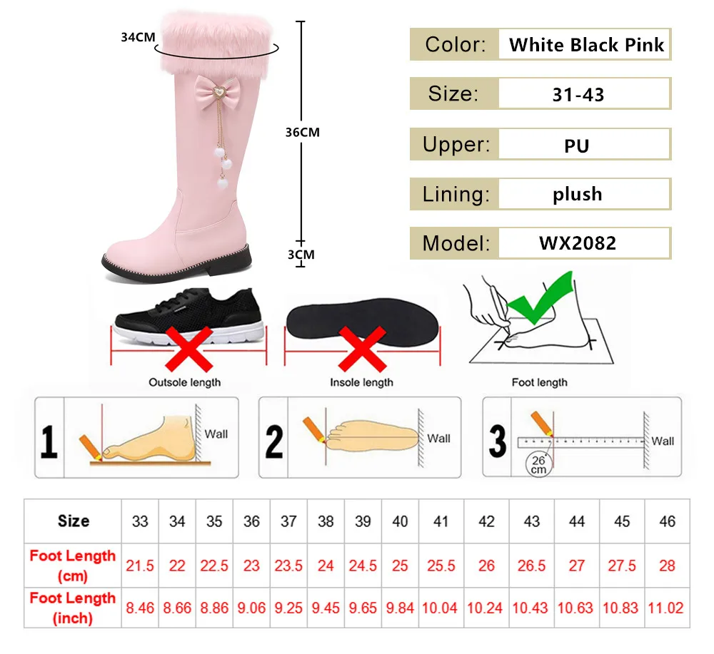 2024 New Women Boots Autumn Winter Girls Booties Faux Fur Knee-High Low-Heel Short Boots Side Zippe Bow Botas Mujer Shoes 31-43