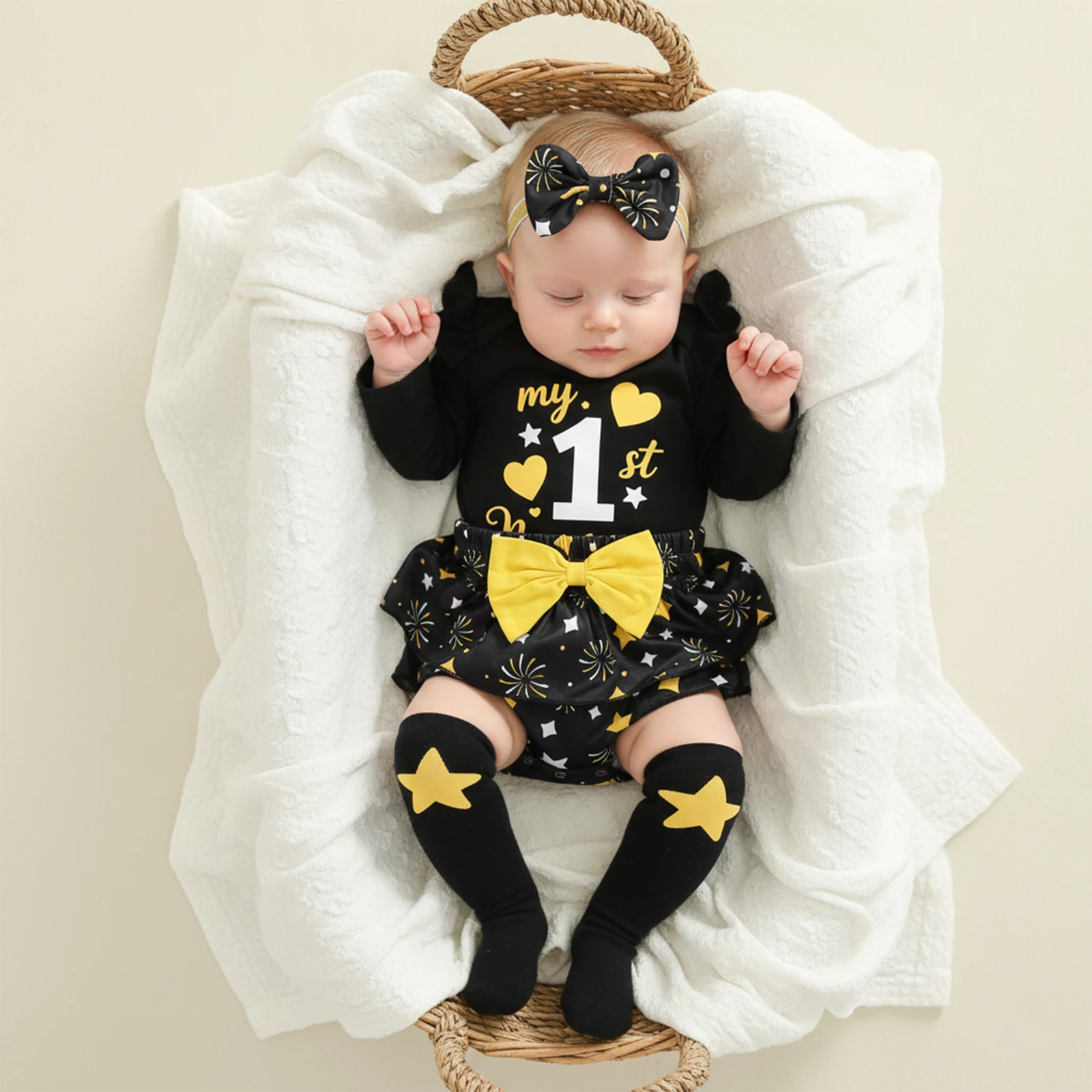 

Одежда для малышей, новогодний наряд для девочек, милый комбинезон с длинными рукавами и буквенным принтом, юбкой с рюшами, повязкой на голову и чулками